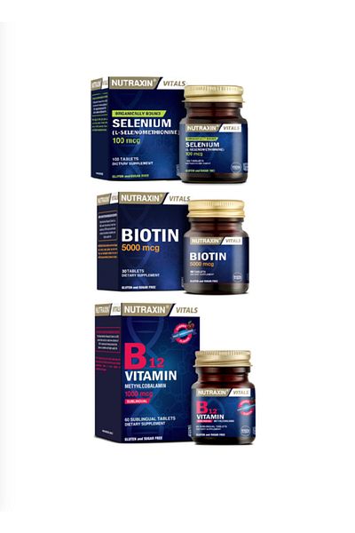 Nutraxin Vitamin B12 - 1000 Mcg 60 Sublingual Tablets, Biotin 5000 Mcg 30 Tablets and Selenium 100 Mcg 100 Tablets