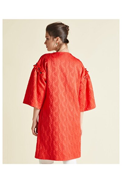 LUXXO Women's Red Shoulder Buttoned Textured Tunic Y0188