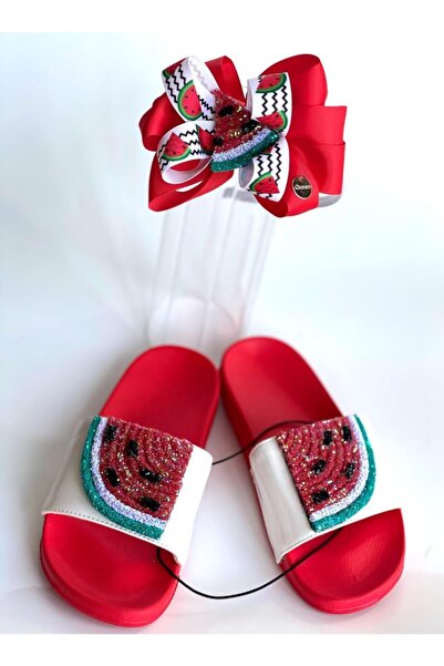 QUEEN AKSESUAR Design special papuci cu paiete sclipici pepene verde set coroana combinatie mama fata