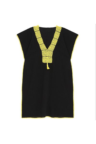 Soma Kadın Atölyesi Hand Embroidered Yellow Collar Black Pareo Lacy Cotton Fabric with Tassels StndSize Black Yellow K