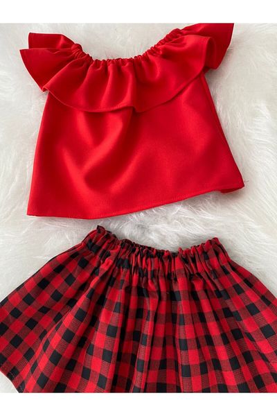 Moda Lina Red Blouse Gingham Skirt Set