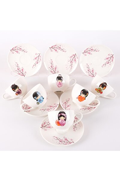 TEBAK COLLECTION 6'lı Kokeshi Bebekleri Desenli Porselen Türk Kahve Fincan Ta...