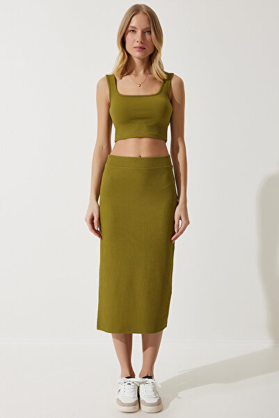 Happiness İstanbul Női olajzöld pántos Crop ceruza szoknya kötött készlet OW00041