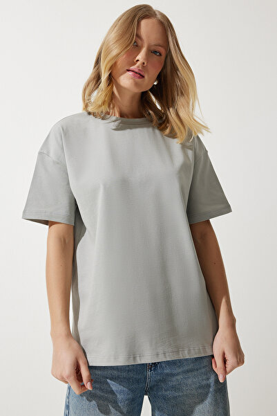Happiness İstanbul Dámské kamenně šedé volné základní bavlněné tričko BP00151