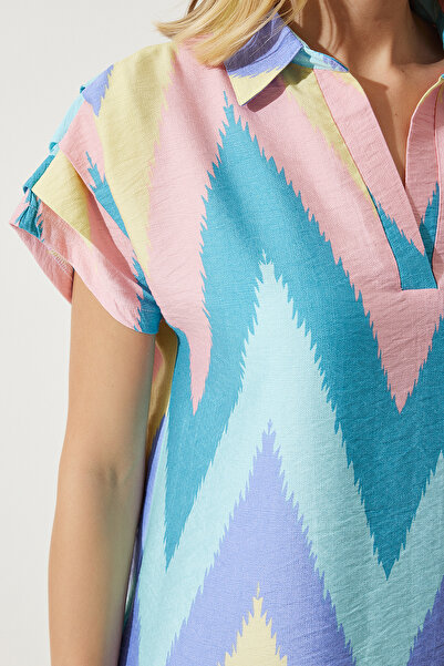 Happiness İstanbul Női púderkék polo galléros mintás nyári ruha OF00001