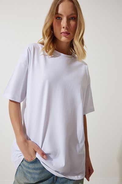 Happiness İstanbul Dámské bílé oversize pletené tričko s Crew Neck Basic BF00091