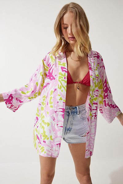 Happiness İstanbul Pudergrüner gemusterter Viskose-Kimono für Damen EN00615