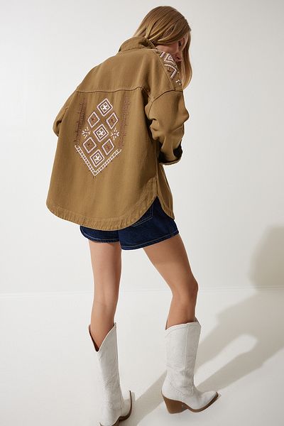 Happiness İstanbul Khakifarbene bestickte Hemdjacke für Damen SA00027