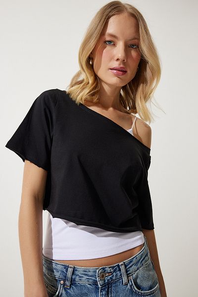 Happiness İstanbul Dámské černé pletené tričko Boat Neck Basic Crop OW00028
