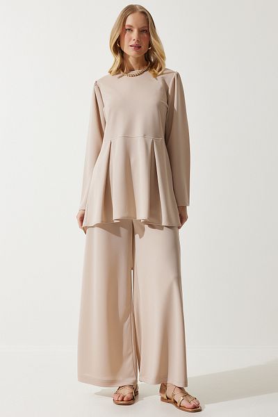 Happiness İstanbul Γυναικείο Σετ Κρέμα Flowing Tunic Palazzo Πλεκτό DD01318