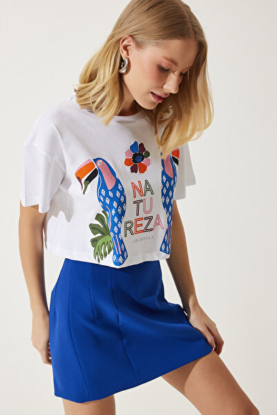 Happiness İstanbul Γυναικείο Πλεκτό T-Shirt σε λευκό εμπριμέ Crop EW00008