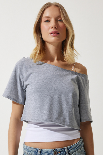 Happiness İstanbul Dámské šedé tričko s melanžovým člunovým výstřihem Basic Crop Pletené tričko OW00028