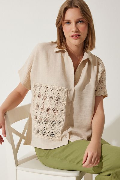 Happiness İstanbul Cremefarbenes Damen-Leinenhemd mit Häkelspitze und detailliertem Detail TP00039