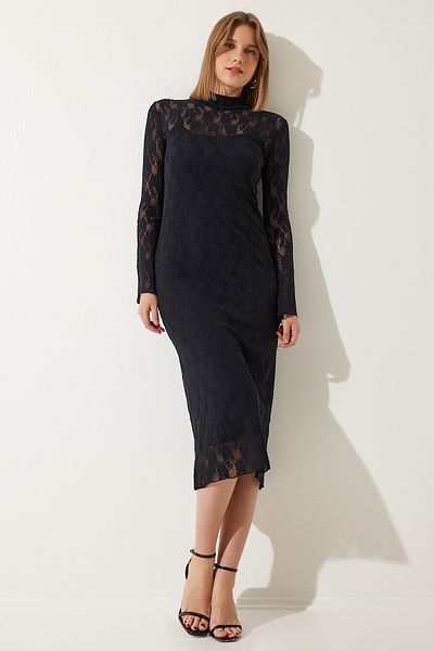 Happiness İstanbul Schwarzes, stilvolles Spitzenkleid mit Stehkragen für Damen AN00192
