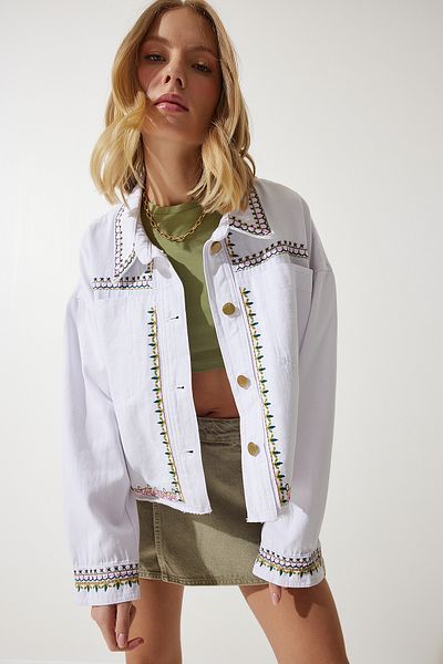 Happiness İstanbul Weiße, bestickte, mit Quasten besetzte Oversize-Jeansjacke für Damen SA00018