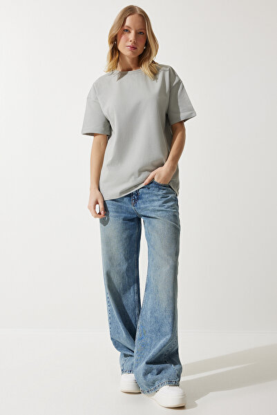 Happiness İstanbul Dámské kamenně šedé volné základní bavlněné tričko BP00151