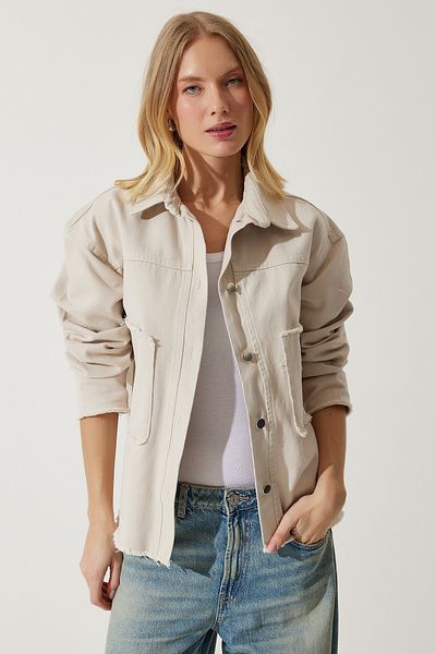 Happiness İstanbul Jachetă oversize din Gabardină cu buzunar lat crem RV00177