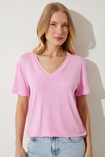 Happiness İstanbul Damen-T-Shirt aus Basic-Viskosestrick in Rosa mit V-Ausschnitt EN00613