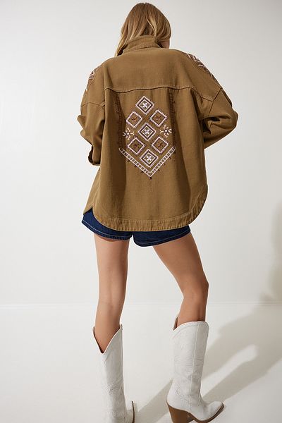 Happiness İstanbul Khakifarbene bestickte Hemdjacke für Damen SA00027