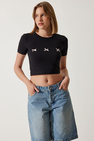 Happiness İstanbul Women's Black Bow Detailed Crop T-Shirt MC00279