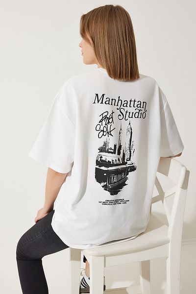 Happiness İstanbul Weißes, bedrucktes, zweifädig gestricktes Oversize-T-Shirt für Damen AN00191