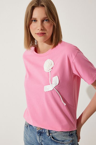 Happiness İstanbul Women's Pink Flower Detailed Cotton Oversize T-Shirt NJ00147
