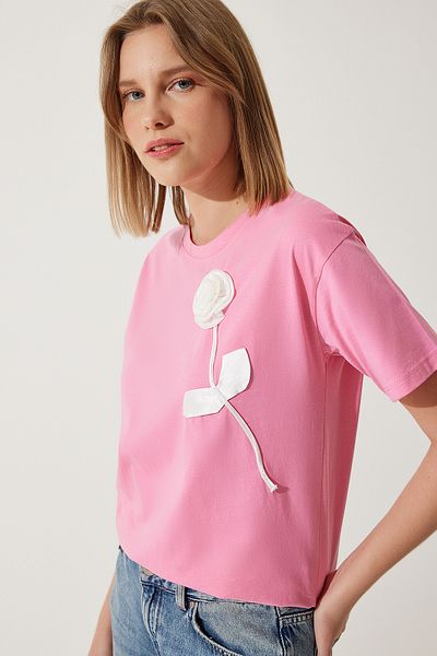 Happiness İstanbul Women's Pink Flower Detailed Cotton Oversize T-Shirt NJ00147