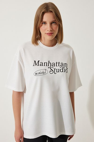 Happiness İstanbul Weißes, bedrucktes, zweifädig gestricktes Oversize-T-Shirt für Damen AN00191