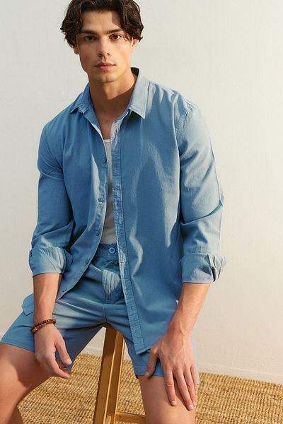 Trendyol Collection Унісекс синій Regular Fit Linen Look Cotton Gomlek TMNSS23GO00099