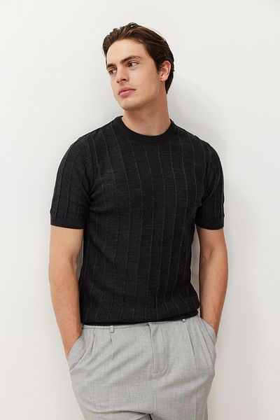Trendyol Collection Tricou de bază din bumbac, cu croială subțire, antracit, cu decolteu triplu, tricotaje de bază TMNSS24TS00250