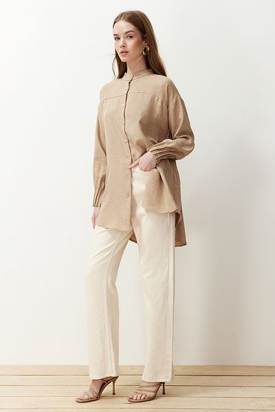 Trendyol Modest Beiges Aerobin-Übergröße-Hemd aus Leinen - TCTSS24TG00065