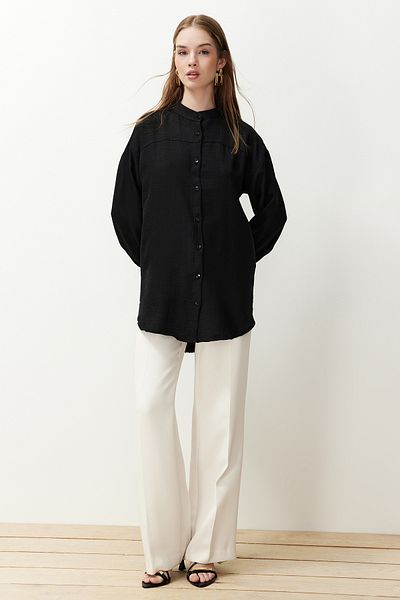 Trendyol Modest Linen Aerobin Oversize Black Shirt - TCTSS24TG00065