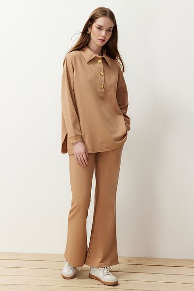 Trendyol Modest Beige Gold Buttoned Oversize Polo Set - TCTSS24US00057