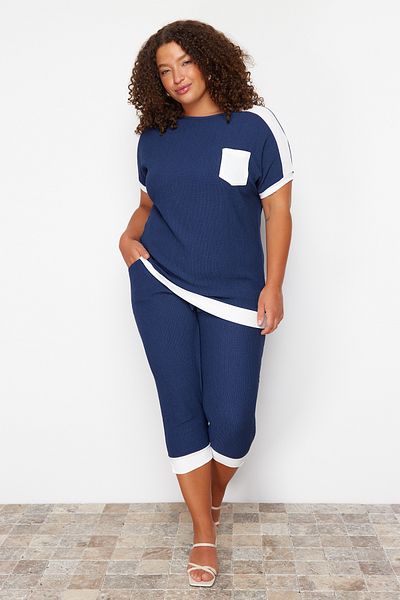 Trendyol Curve Navy Blue Knitted Large Size Top and Bottom Set