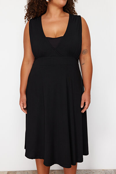 Trendyol Curve Black Single Jersey Knitted Plus Size Dress TBBSS24AH00199