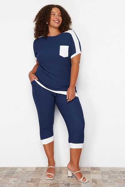 Trendyol Curve Navy Blue Knitted Large Size Top and Bottom Set