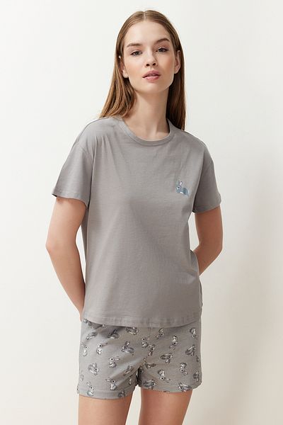 Trendyol Collection Gray Rabbit Print 100% Cotton Shorts Pajama Set - Thmss24Pt00199