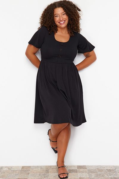 Trendyol Curve Black Button Detail Midi Ribbed Knitted Dress Tbbss24Ah00176