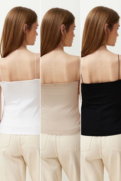 Trendyol Collection Schwarz-Weiß-Beige 3er-Pack Trägerkörper mit quadratischem Kragen, dehnbares Strick-Unterhemd TWOSS24AL00054