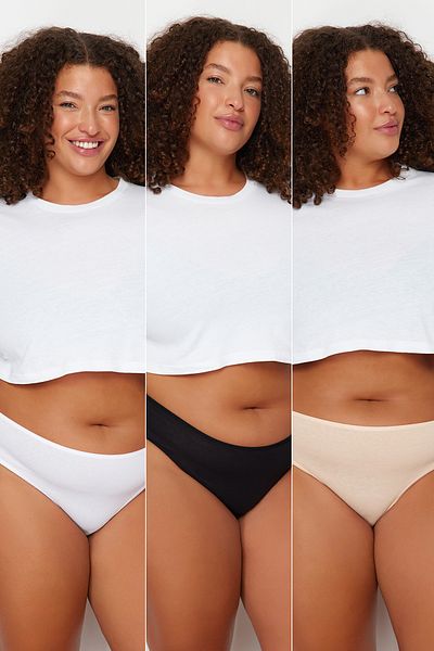 Trendyol Curve 3-teiliges Höschenset aus Baumwolle in Schwarz-Haut-Ecru, große Größe - Tbbss23Cm00003