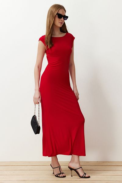 Trendyol Collection Червона приталена максі-сукня-олівець Orme без спинки TWOSS24EL00090 з еластичного трикотажу
