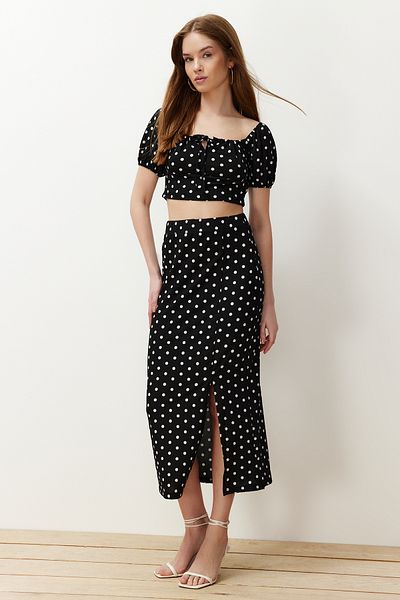 Trendyol Collection Carmen Collar Ribbed Flexible Knitted Blouse and Skirt Set - Black Polka Dot TWOSS24AU00029
