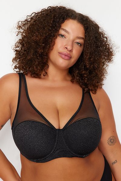 Trendyol Curve Schwarzer, mit Glitzer überzogener Netz-BH TBBAW24CW00006