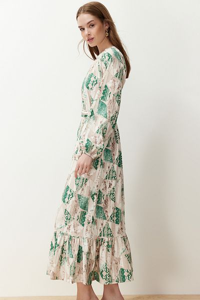 Trendyol Modest Green Floral Belted Woven Dress TCTSS24EB00231