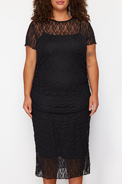 Trendyol Curve Μαύρο Δαντέλα Μίντι Πλεκτό Φόρεμα TBBSS24AH00026