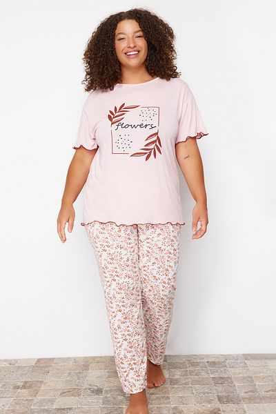 Trendyol Curve Knitted Pajama Set - Pink Floral Pattern TBBSS24AI00105