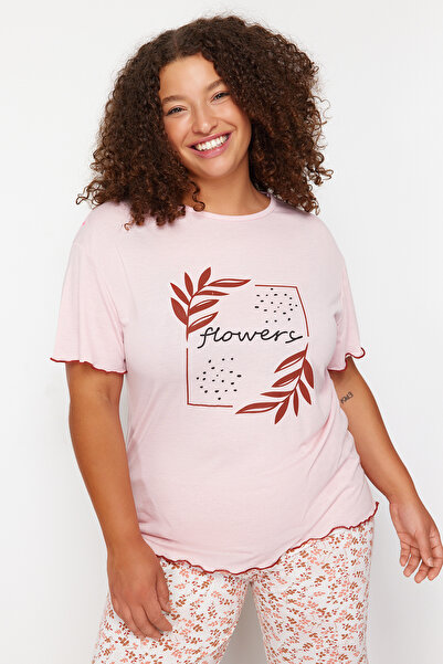 Trendyol Curve Knitted Pajama Set - Pink Floral Pattern TBBSS24AI00105