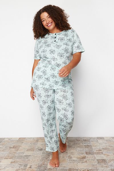 Trendyol Curve Mint Buttoned Flower Patterned Knitted Pajamas Set TBBSS24AI00074