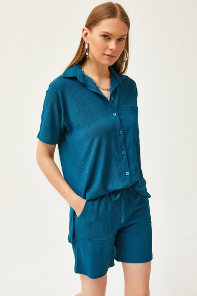 Olalook Set cămașă de sus cu buzunare pe jos pentru femei, albastru petrol TKM-19000284