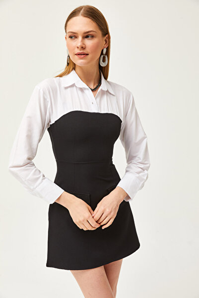 Olalook Dámske čiernobiele minišaty na zips do vrecka ELB-19002121